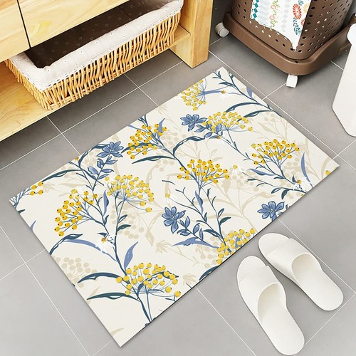 2Piece Kitchen Rugs Set Vintage Floral Plant Summer Flowers Yellow Blue Absor... - Picture 5 of 8