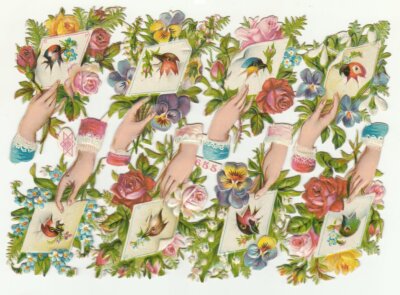Oblaten scrap die cut chromo  Bogen 655 Priester & Eyck Hände Blumen Vögel