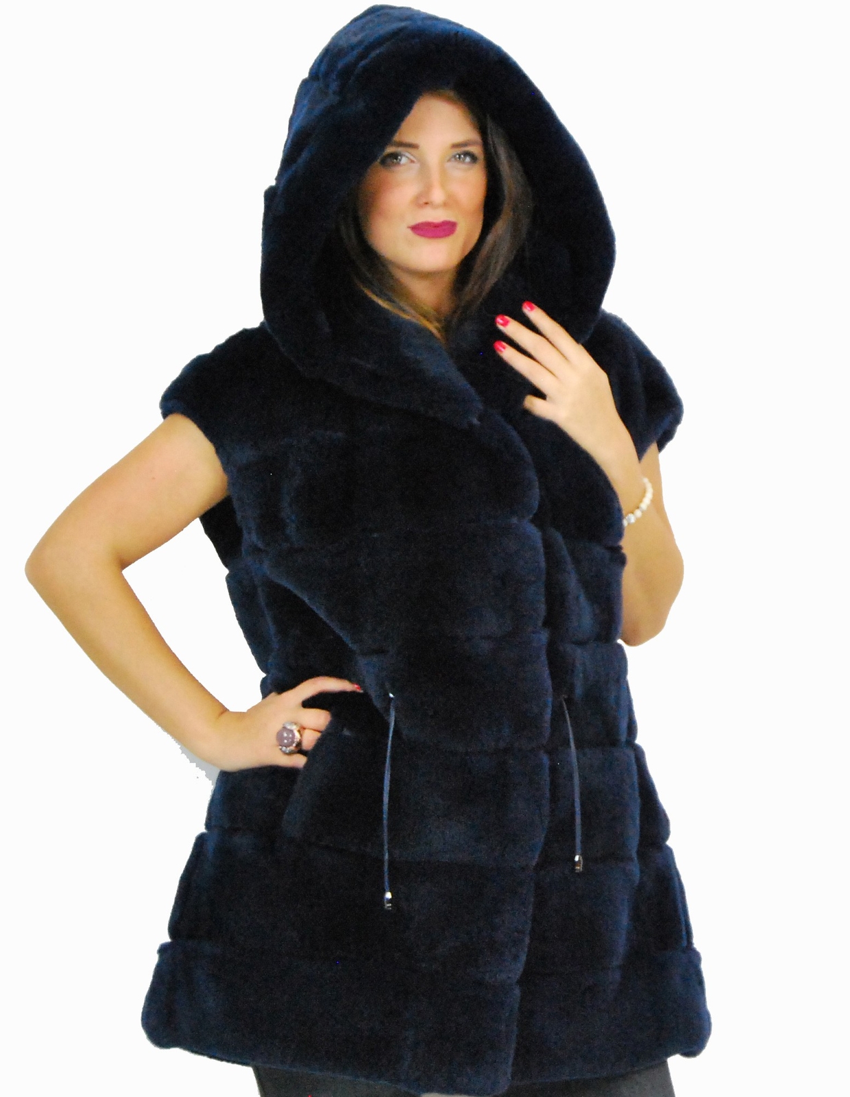 Rex Blue Navy Hooded Fur Cap with Pelz Trim