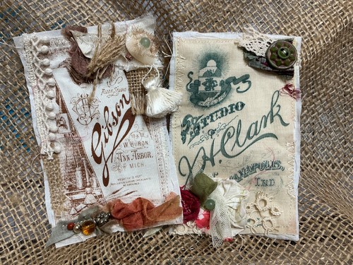 Set Of 4 Hand Stitched Fabric Tags For Junk Journals, Textile and Fabric Art - Picture 3 of 3