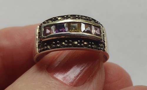 Vintage Signed Sterling Silver Multicolor Gemstone Cigar Band Ring Sz 7 3/4 - Picture 2 of 4