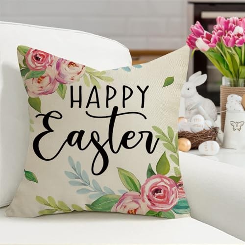 Happy Easter Bunny Christian Decorative Throw Pillow Covers 18 x 18 Set of 4, - Picture 5 of 6