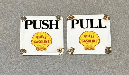 VINTAGE SHELL DOOR PUSH PULL DOOR SET PPORCELAIN SIGN GAS CAR OIL MOTORCYCLE