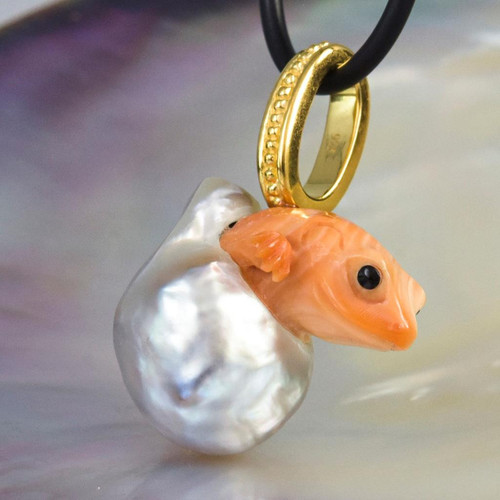 Frosch IN Süd See Perle Anhänger Geschnitzter Aprikose Muschel Vermeil Sterling - Bild 4 von 14