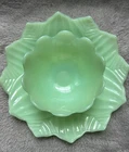 Vintage Fire King Jade Jadeite Glass Lotus Leaf & Blossum Plate & Bowl Set