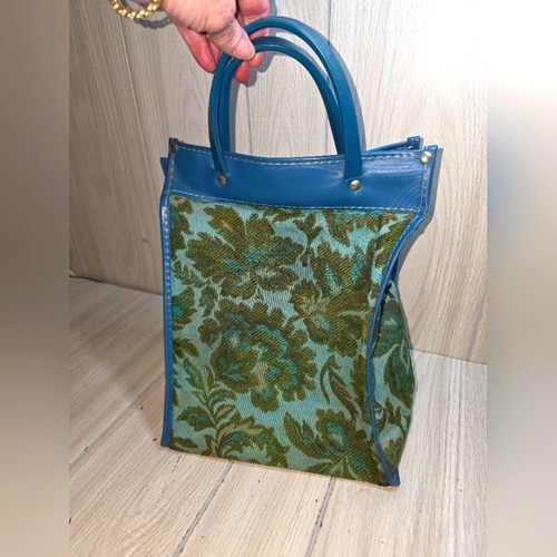 Vintage 60er 70er Blumen Gobelin Tasche blau/grün Boho Hippie Retro lesen