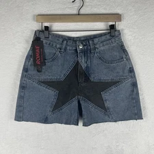 ROMWE Jean Shorts Womens 4 Blue Black Star Panel Raw Hem Cutoff Denim 5 Pocket