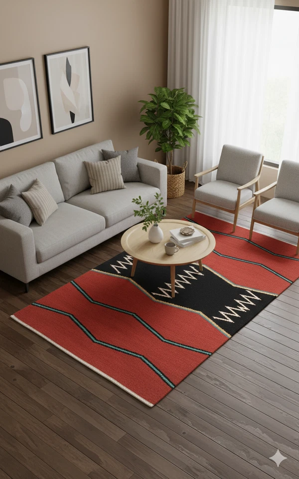 4x6 ft Southwestern Storm Pattern Wool Red Navajo Handwoven Flatweave Area Rug - Image 3 of 4