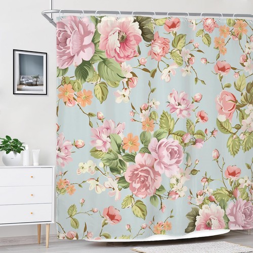 Pink Floral Fabric Shower Curtain for Bathroom 72Wx72H Inch Rose Floral Bloom... - Picture 3 of 8