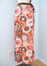 Vtg 70s brown pink abstract floral grosgrain maxi hostess button skirt 24 in.