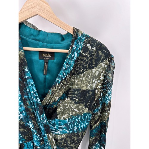 Laundry by Shelli Segal Women's Size 6 Blue Green Print Surplice 100% Silk - Picture 4 of 11