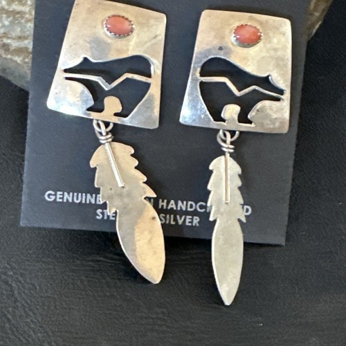Old Pawn Pink Coral Navajo Sterling Silver Dangle Bear Feather Earrings 2” 19084 - Picture 8 of 12