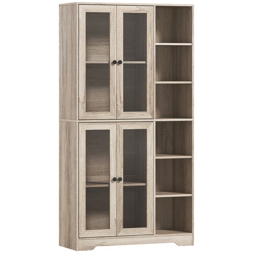 Küchenschrank mit mehreren Aufbewahrungsmöglichkeiten, mit Glastüren - Grau Holzoptik - Bild 1 von 9