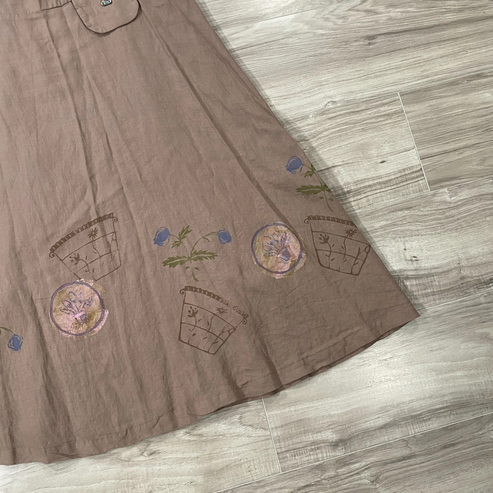 Vestido de lino vintage azul pescado ropa para mujer talla 1 marrón arte Lagenlook *DEFECTUOSO Foto 4 de 4