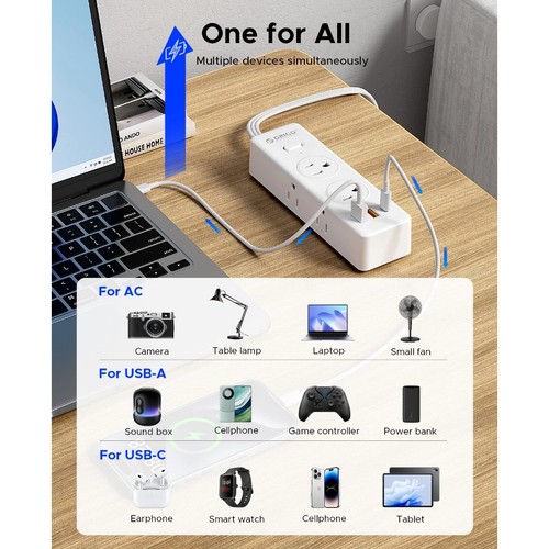 Power Strip Surge Protector 5'-10' Extension Cord 6 Outlets 2 USB Ports 1 USB-C - Picture 7 of 10