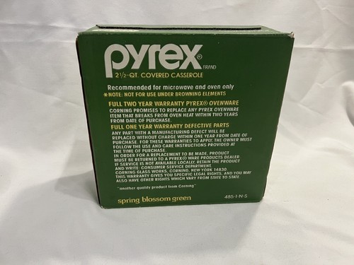VINTAGE PYREX SPRING BLOSSOM GREEN 2.5 QT COVERED CASSEROLE NEW IN BOX 485-1-N-S - Picture 3 of 6