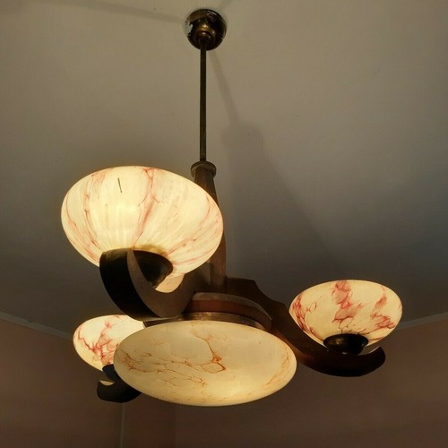 1930s Art Deco Wooden Large Chandelier Marble Opaline Glass Pendant Home Décor - Picture 2 of 10