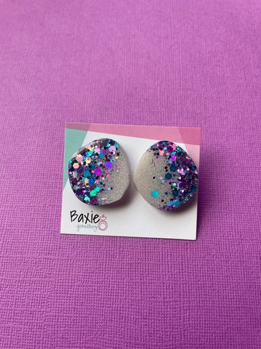 Statement Stud Resin Earrings, Handmade, White Shimmer, Teal Purple Glitter - Picture 3 of 3