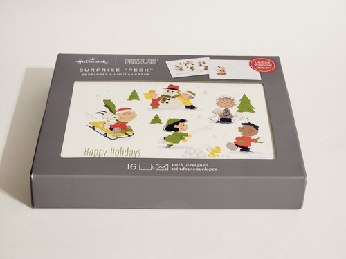 New 16 Hallmark Peanuts Gang Glitter Christmas Cards Set Peek Envelope Circle - Picture 2 of 8