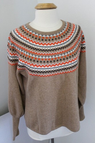 Charter Club Cashmere Sweater XL Brown Fair Isle Pullover Luxury Balloon Sleeve