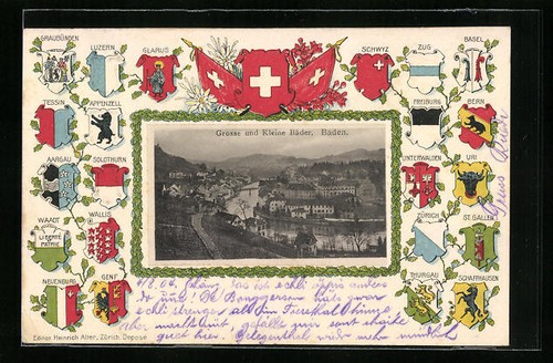 Passepartout-Lithographie Baden, Ansicht der großen und kleinen Bäder, Wappen d - Bild 1 von 2
