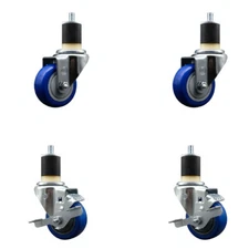 3 Inch Blue Poly Wheel Swivel 1-7/8 Inch Expanding Stem Caster Set 2 Brakes SCC