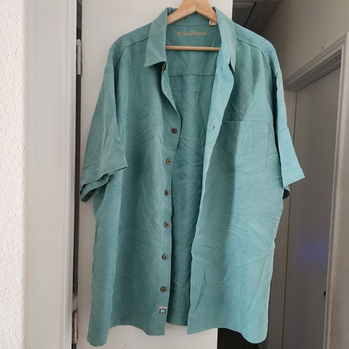 2- Caribbean Button Up Shirt Mens 2XL Green Blue Short Sleeves Tropical Hawaiian - Picture 4 of 10
