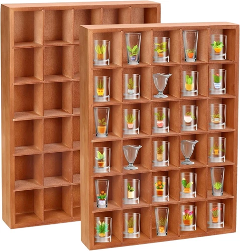 2 Pcs Shot Glass Display Case Brown Wooden Shot Glass Holder Display Wall Mou
