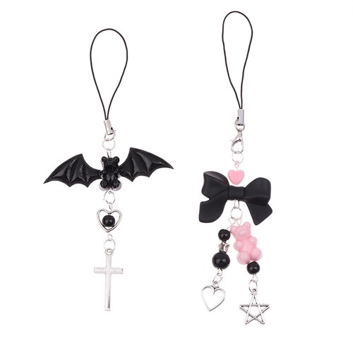 Bowknot Phone Chain Black Winged Bear Pendant Earphone Case Lanyard Bag Decor - 第 10/16 張圖片