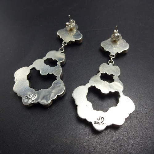 Signed Navajo TURQUOISE CLUSTER Sterling Silver EARRINGS Pierced Chandelier - Picture 7 of 13