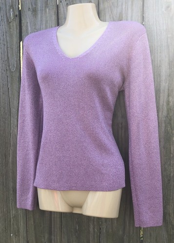 Metallic Knit Top Lightweight Sweater Size Ribbed Purple Sparkle V-Neck Popover - Picture 2 of 9