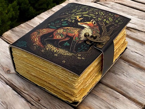 Large fox vintage handmade leather journal grimoire fat journal blank spell book - Picture 3 of 9