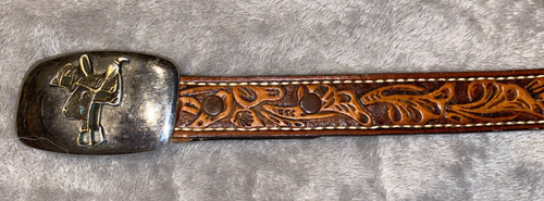 22'' DUNDEE TOOLED LEATHER YOUTH WESTERN BELT WITH REMOVABLE SADDLE BUCKEL