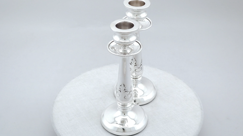 Antique Pair of Sterling Silver Candlesticks, Arts and Crafts Style, George V - Video 1 of 1