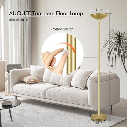 30W Torchiere Floor Lamp Gold, 3600LM Bright Stepless Dimmable Floor Lamp, 71 In - Picture 5 of 8