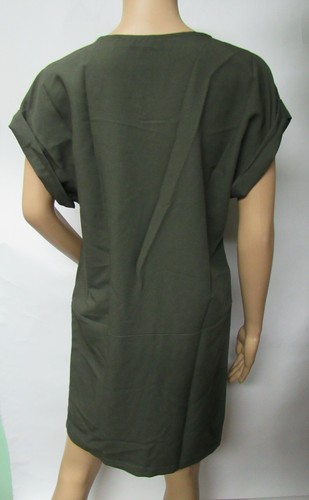 The Vanity Room Women's Short Sleeve V Neck Dress Size M Olive Green w Pockets - Picture 4 of 4