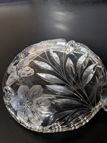 Sawtooth Heavy Glass Candy Nut Dish Bowl w/ Handle Flowers Butterflies 6.25" - Picture 4 of 14