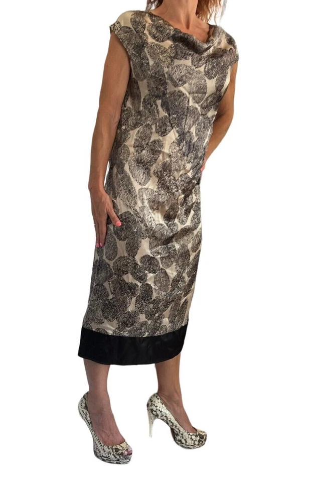 YSL YVES SAINT LAURENT PRINTEMPS 2011 SILK GEOMETRIC COWL DRAPE NECK DRESS M - Image 3 of 4