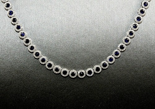 Natural Round Blue Sapphire & Diamond Tennis Necklace 14K White Gold 12.96Ct - Picture 6 of 8