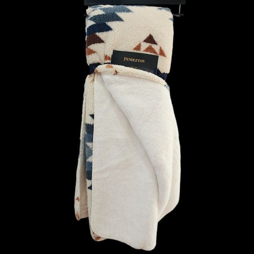 Pendleton Boho Sherpa Throw Blanket Southwest Tribal Cream Blue Brown Fleece NEW - Picture 4 of 11