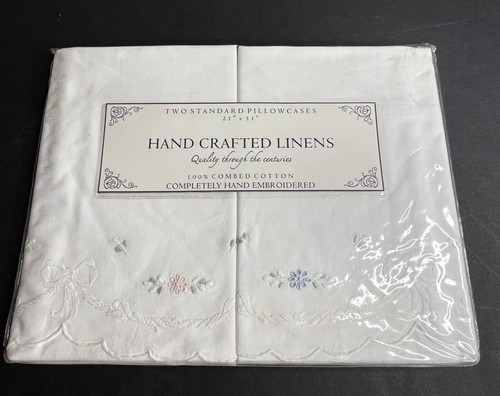 NEW Cotton Embroidered Standard Pillowcases Pair 2 White Floral Scalloped Edge