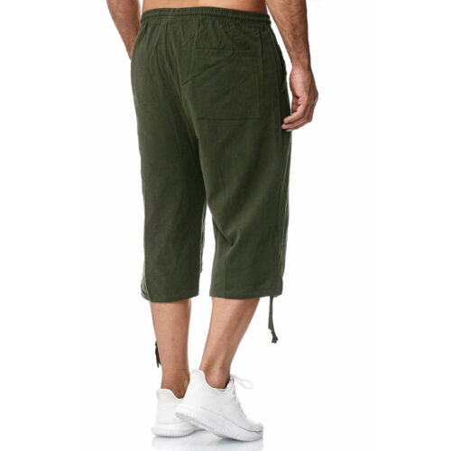 Men's Summer Cotton Linen Drawstring 3/4 Length Pants Casual Baggy Capri Shorts - Picture 7 of 33