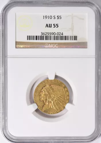 1910-S INDIAN HEAD $5 HALF EAGLE GOLD NGC AU55