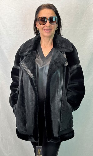CHAQUETA BOMBER PILOTO NEGRA MOUTON REAL 100% PIEL DE OVEJA PIEL DE OVEJA XS-5XL - Imagen 2 de 16