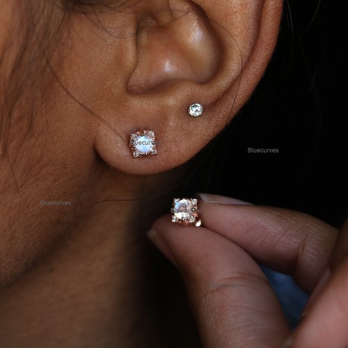 4mm Real Moonstone & Natural Diamond Pave Tiny Stud Earrings Solid 14k Rose Gold - Picture 9 of 10