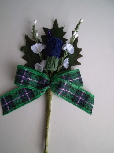 Tartan Ribbon Corsage Buttonhole 16mm wide ribbon with Thistle Leaves Heather - Picture 8 of 34