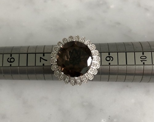 Brazilian Smoky Quartz, White Zircon Floral Design Ring Platinum over 925 Size 8 - Picture 15 of 19