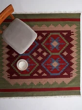 Hand Woven Flat Weave Kilim Wool Area Rug Contemporary Burgundy Olive BBHD00121