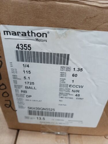 NEW MARATHON 1/4 HP AC ELECTRIC MOTOR 4355 48 FRAME 115V 1PH 1725 RPM DP - Picture 4 of 6