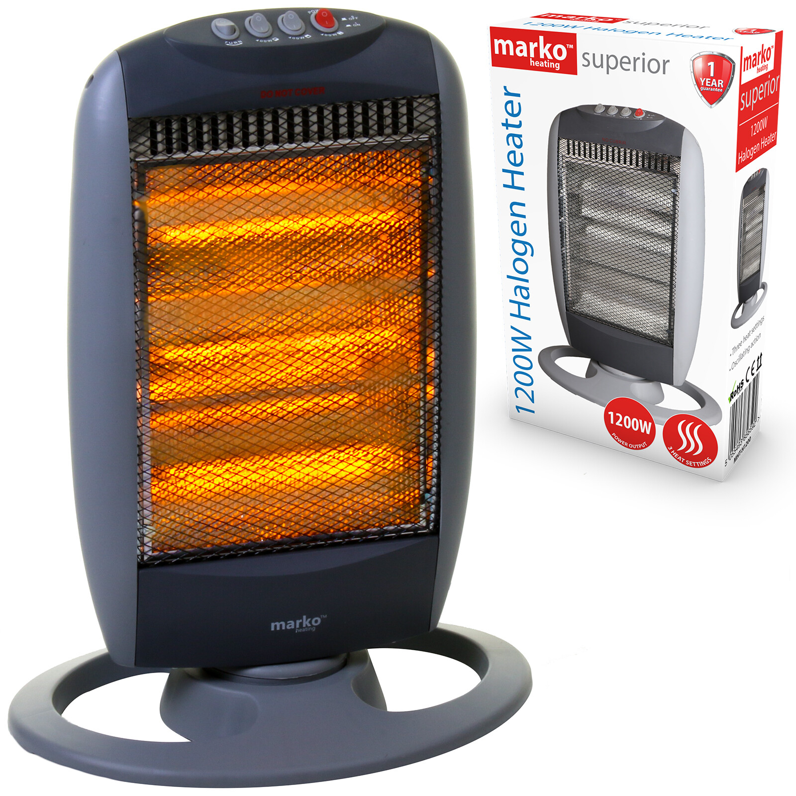 1200W Halogen Heater 3 Bar Instant Portable Electric Home Office Oscillating NEW